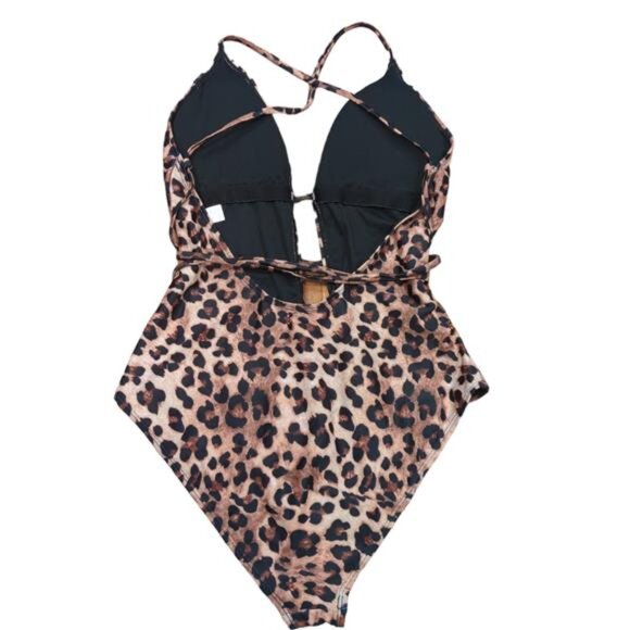 NEW One Piece Plunge Strappy Criss Cross Tie Leopard Print Swimsuit Women's L - Picture 4 of 7
